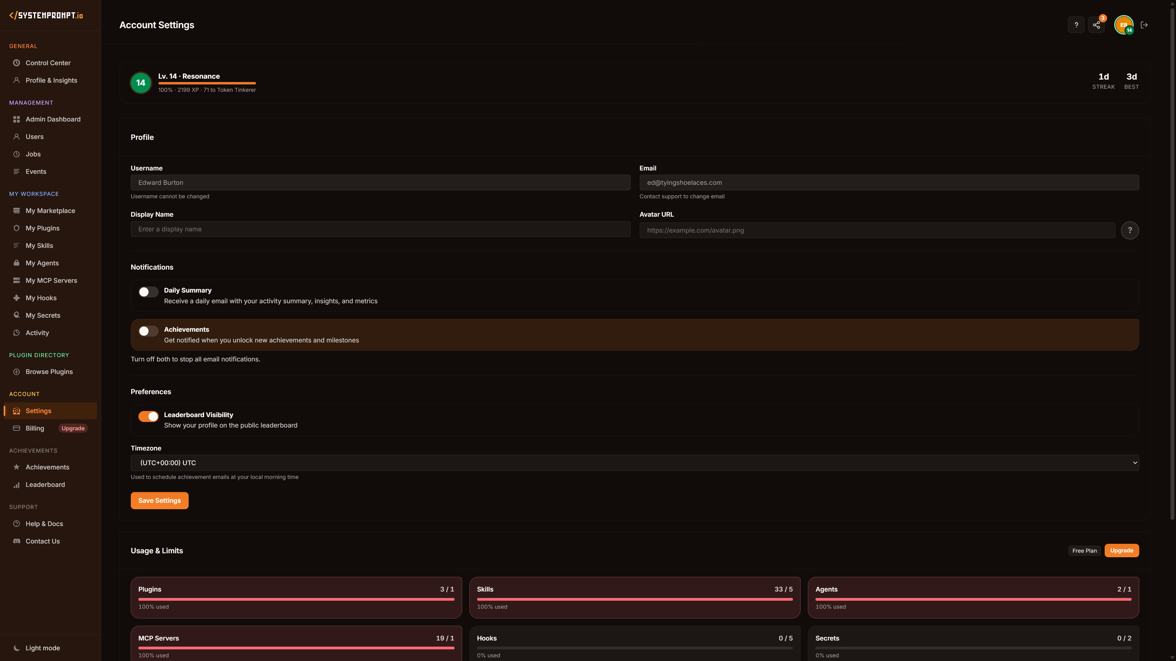 Account Settings — profile, notifications, preferences, and usage limits