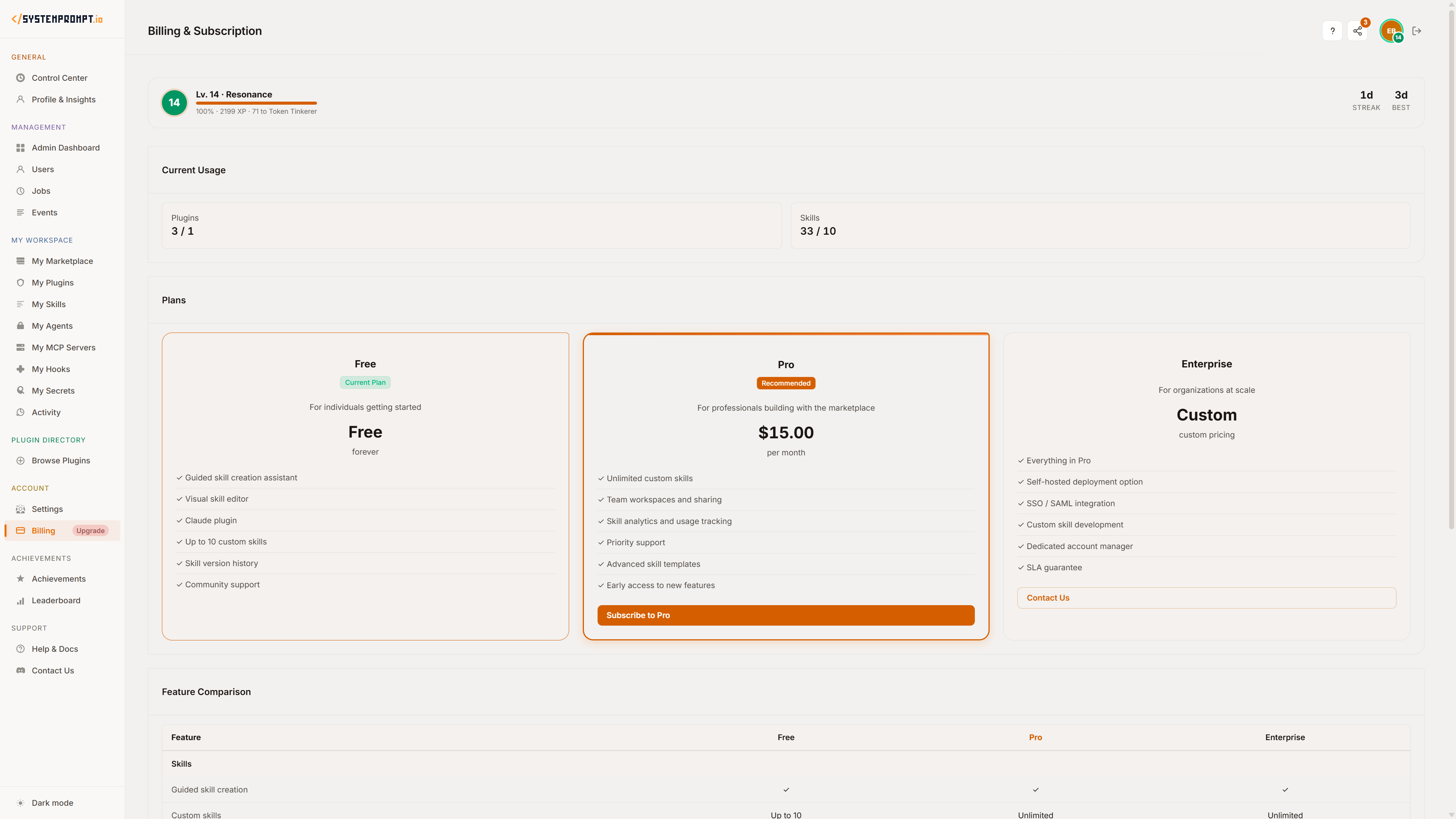 Billing and Subscription — Free, Pro, and Enterprise pricing plans