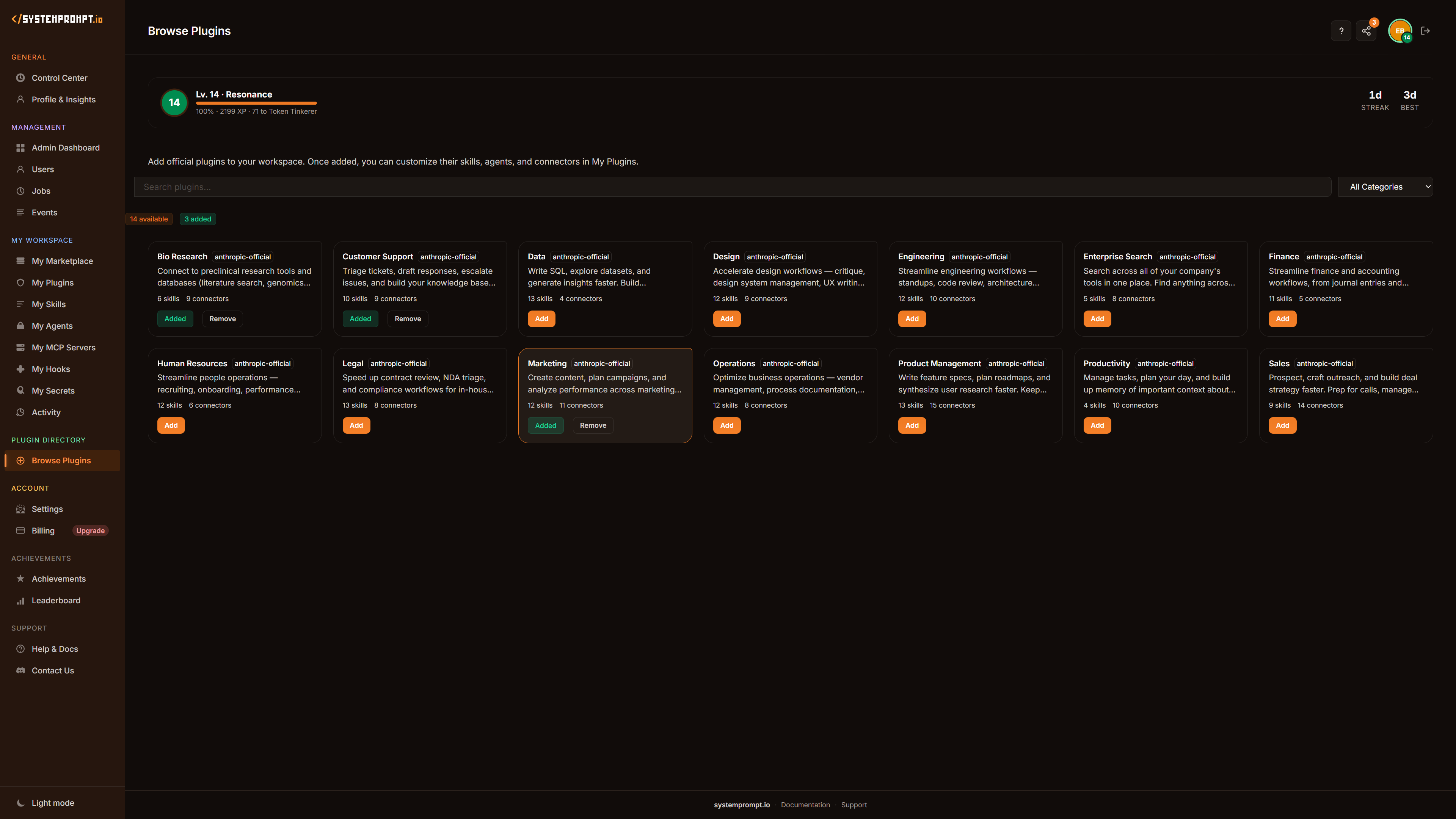 Browse Plugins — marketplace of official Anthropic plugins for every business function