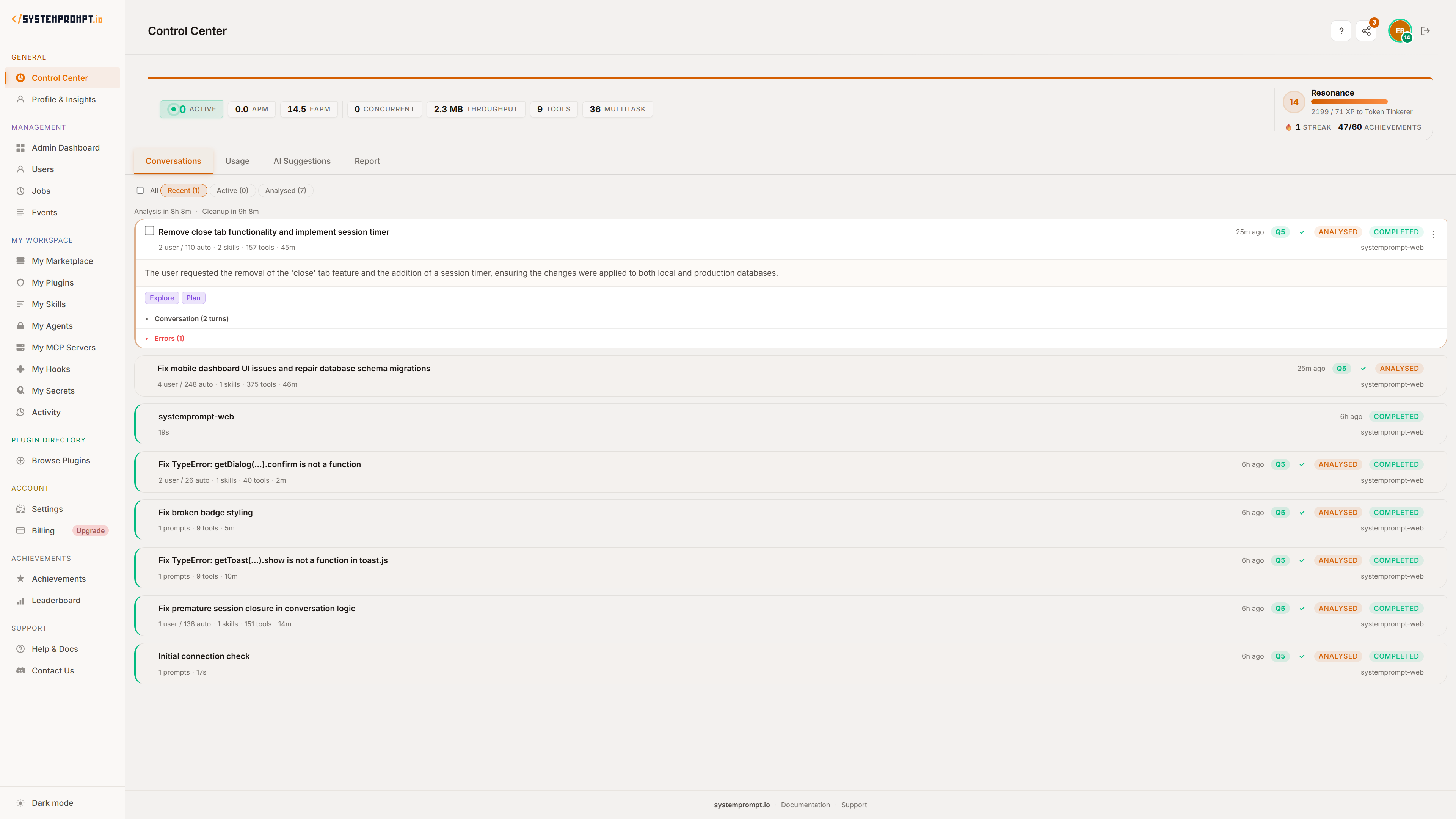 Control Center — real-time session tracking, quality scores, and AI conversation analytics