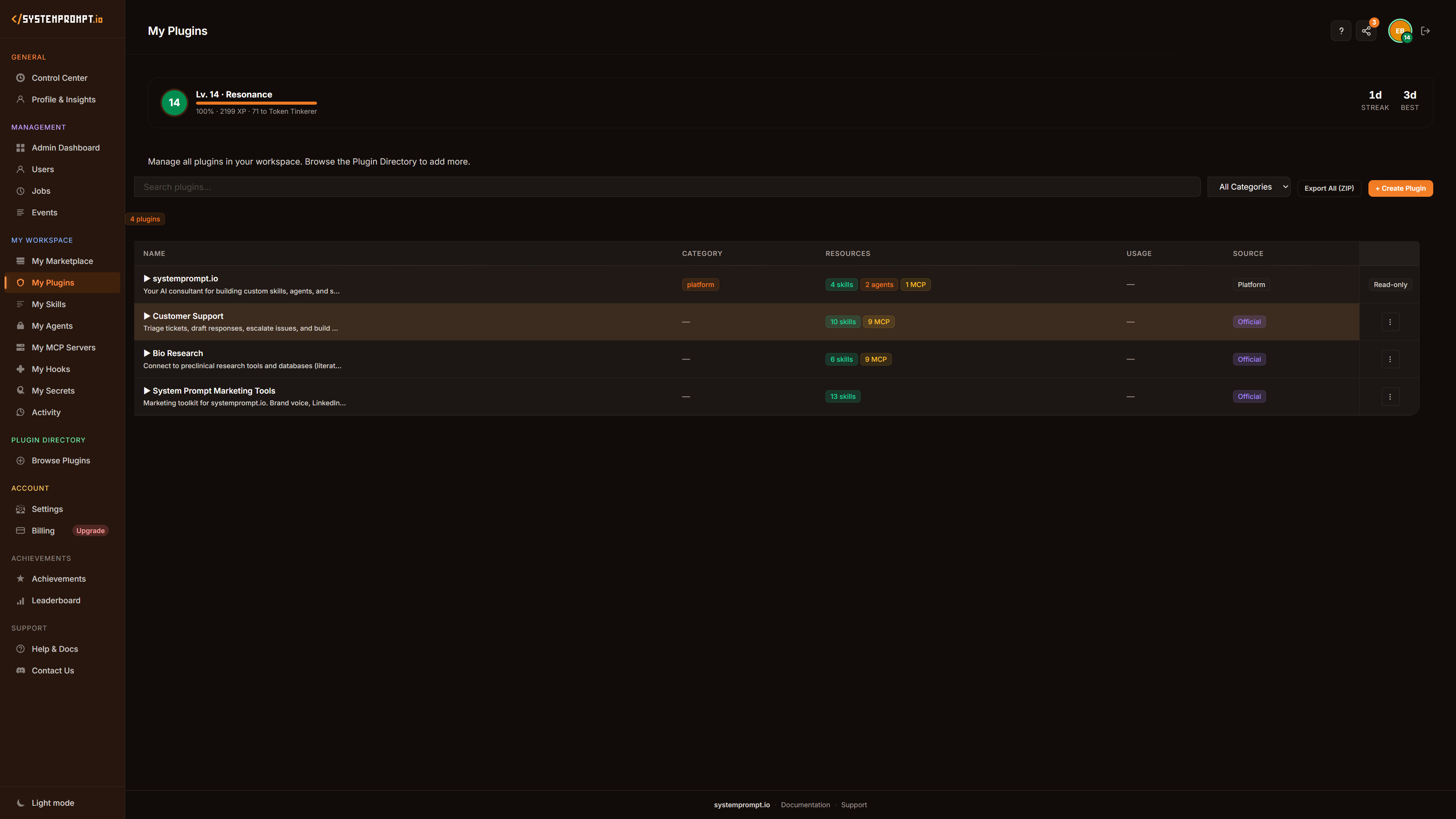 My Plugins — manage installed plugins with skills, agents, and MCP servers